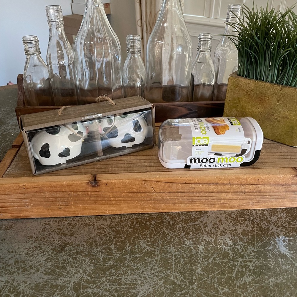 THE GROVE” COW SALT & PEPPER SHAKERS & JOIE BUTTER DISH